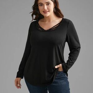 NWT BloomChic Black Plain Lace Patchwork Crisscross Long Sleeve Top, 1X